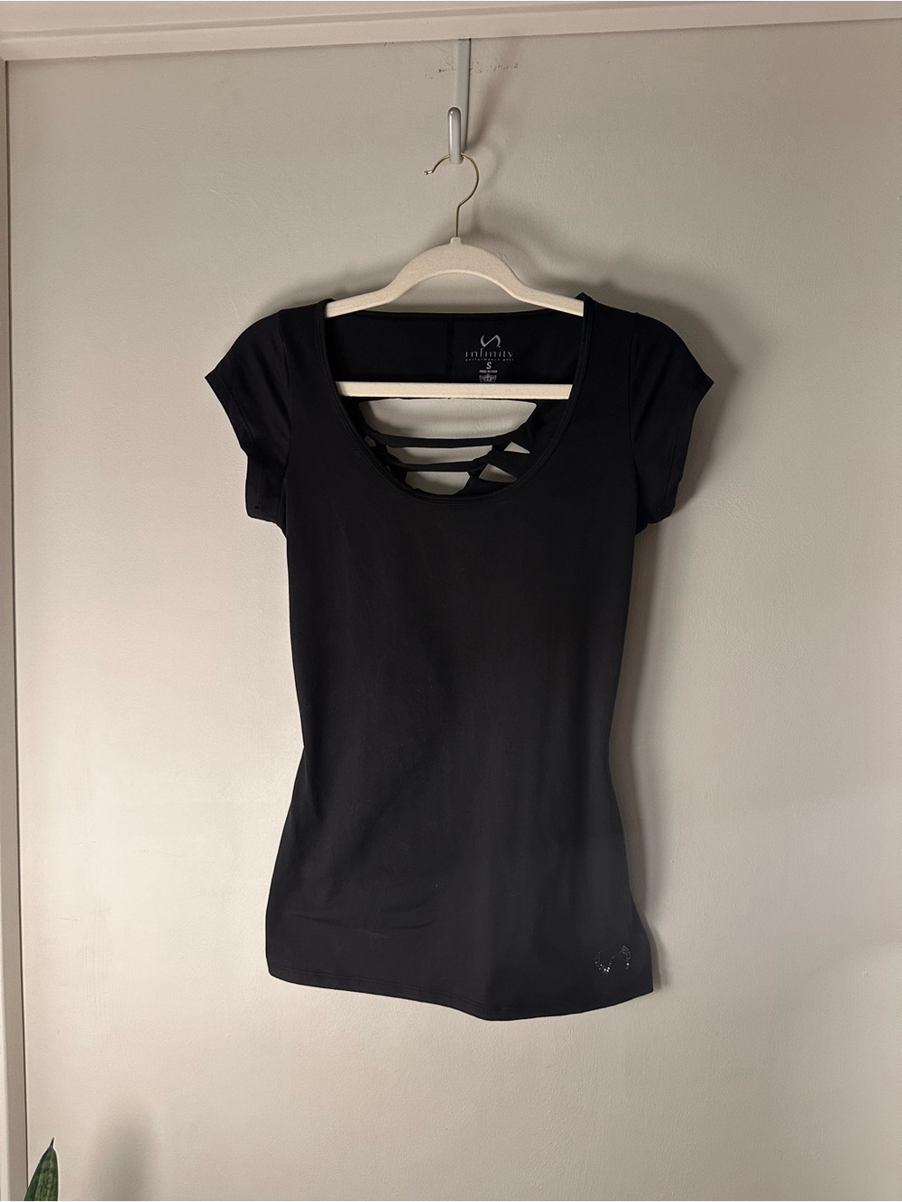 Infinity Black Short-Sleeve Scoop Neck Top top with Back Strappy Detail on back